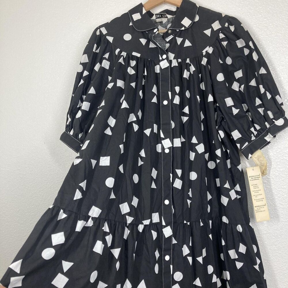 Vintage Models Coat Shirt Dress Womens L Black Geometric Swing Midi USA Trapeze